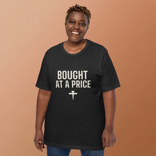Woman wearing the Bought At A Price t-shirt in black heather with cream nail-cross print, front view