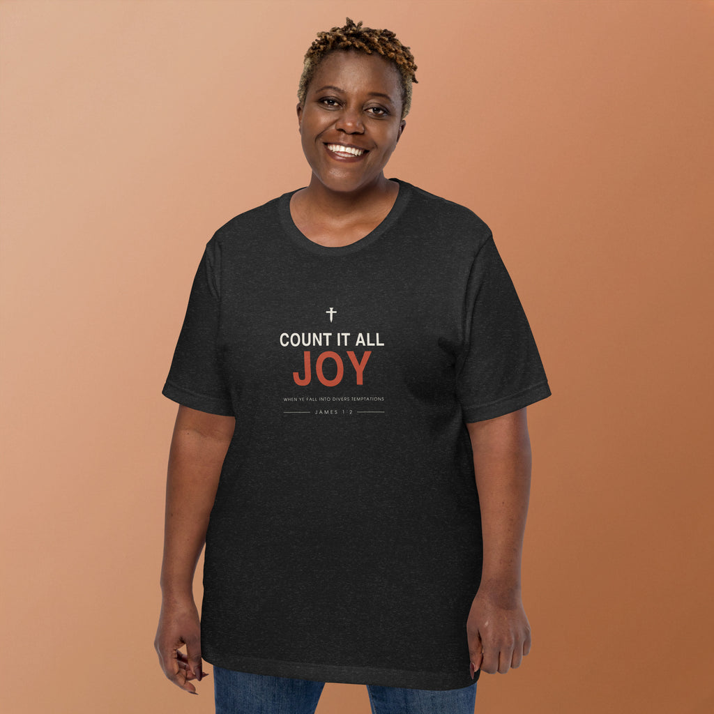 Count It All Joy T-Shirt — model wearing the black heather tee, front view showing the cross and James 1:2 reference