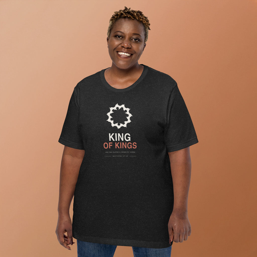 King Of Kings Crown Of Thorns T-Shirt — model wearing the black heather tee, front view showing the crown of thorns graphic