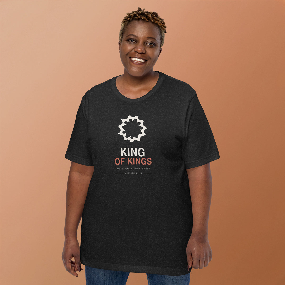 King Of Kings Crown Of Thorns T-Shirt — model wearing the black heather tee, front view showing the crown of thorns graphic