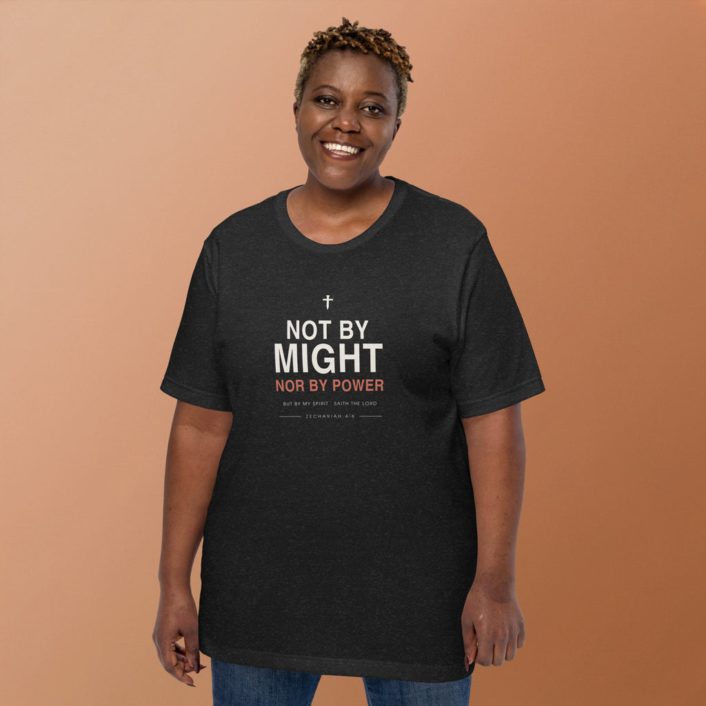 Not By Might T-Shirt — model wearing the black heather tee, front view showing the Zechariah 4:6 lettering