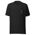 John 3:16 Cross & Nails T-Shirt — black heather tee, front view with the left chest print