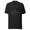 Black heather Romans 8:28 tee, front view, reading He Works All Things For Good under the three-nail cross