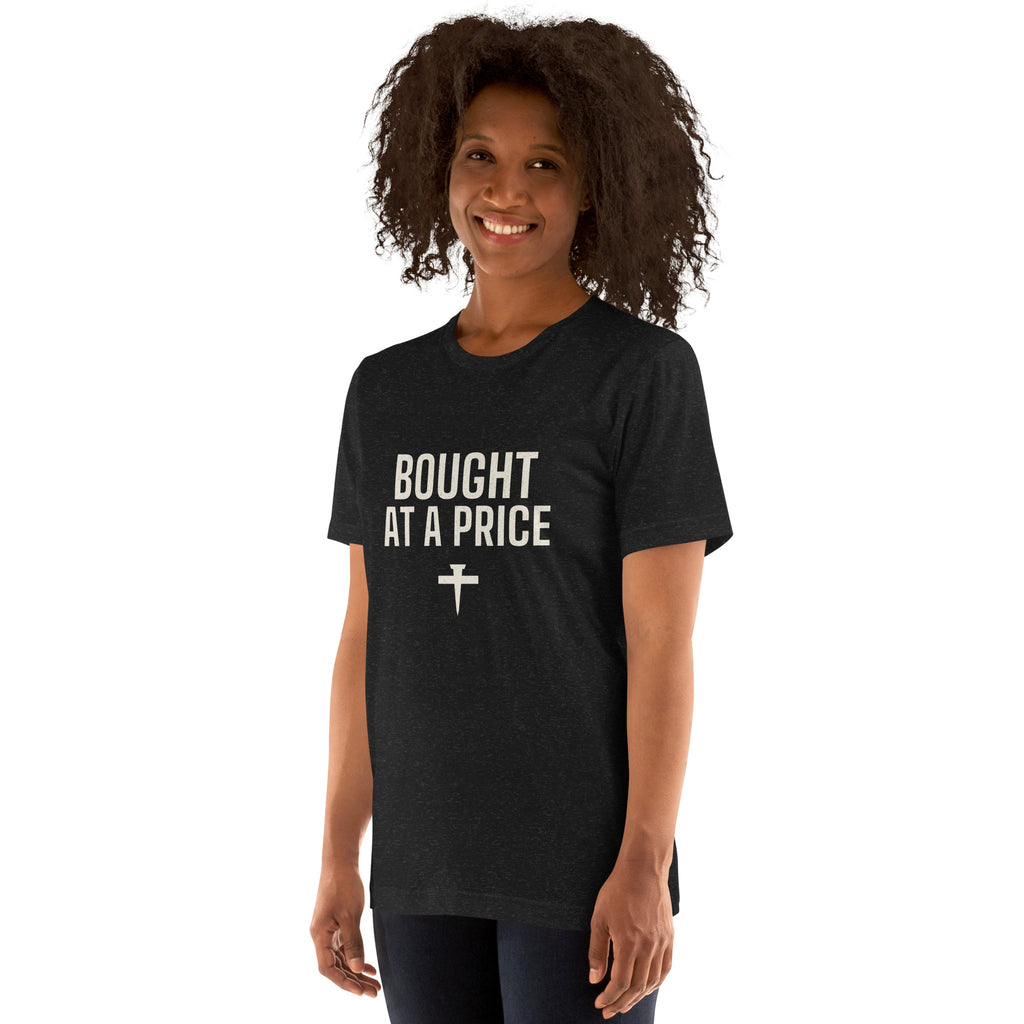 Woman wearing the Bought At A Price black heather t-shirt, front view