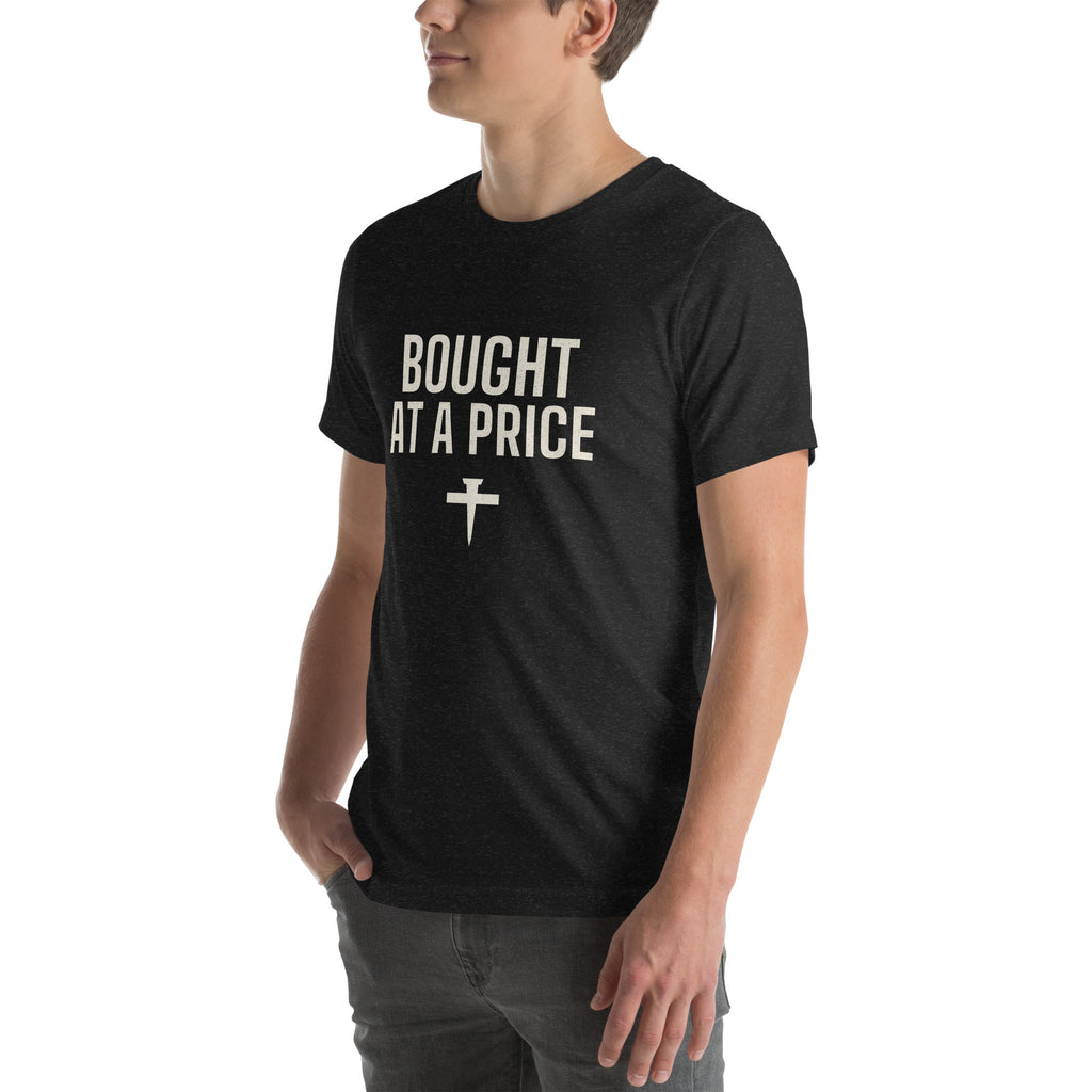 Close-up of the Bought At A Price nail-cross chest print on a black heather t-shirt