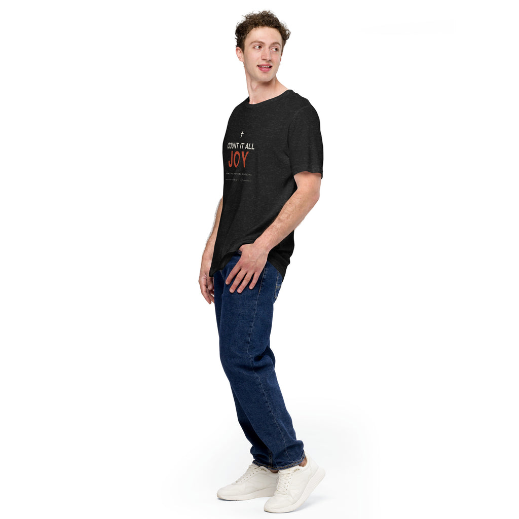 Count It All Joy T-Shirt — black heather tee, full-length view on model
