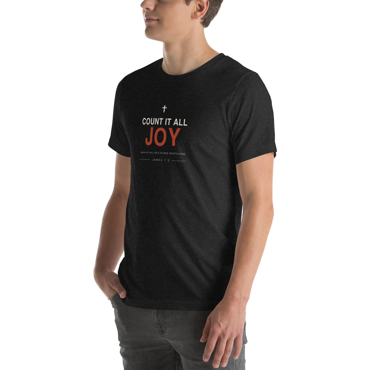 Count It All Joy T-Shirt — black heather tee, left three-quarter view on model