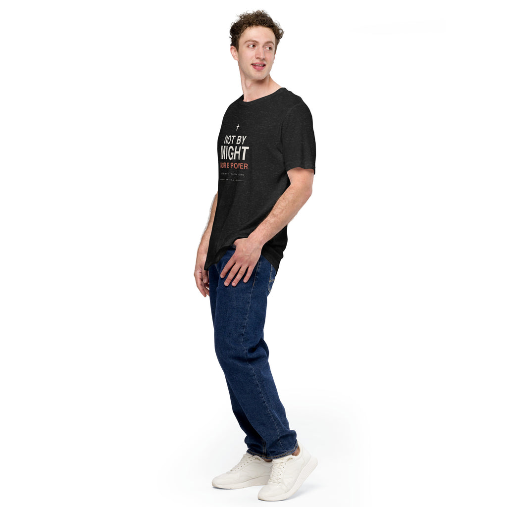 Not By Might T-Shirt — black heather tee, full-length view on model