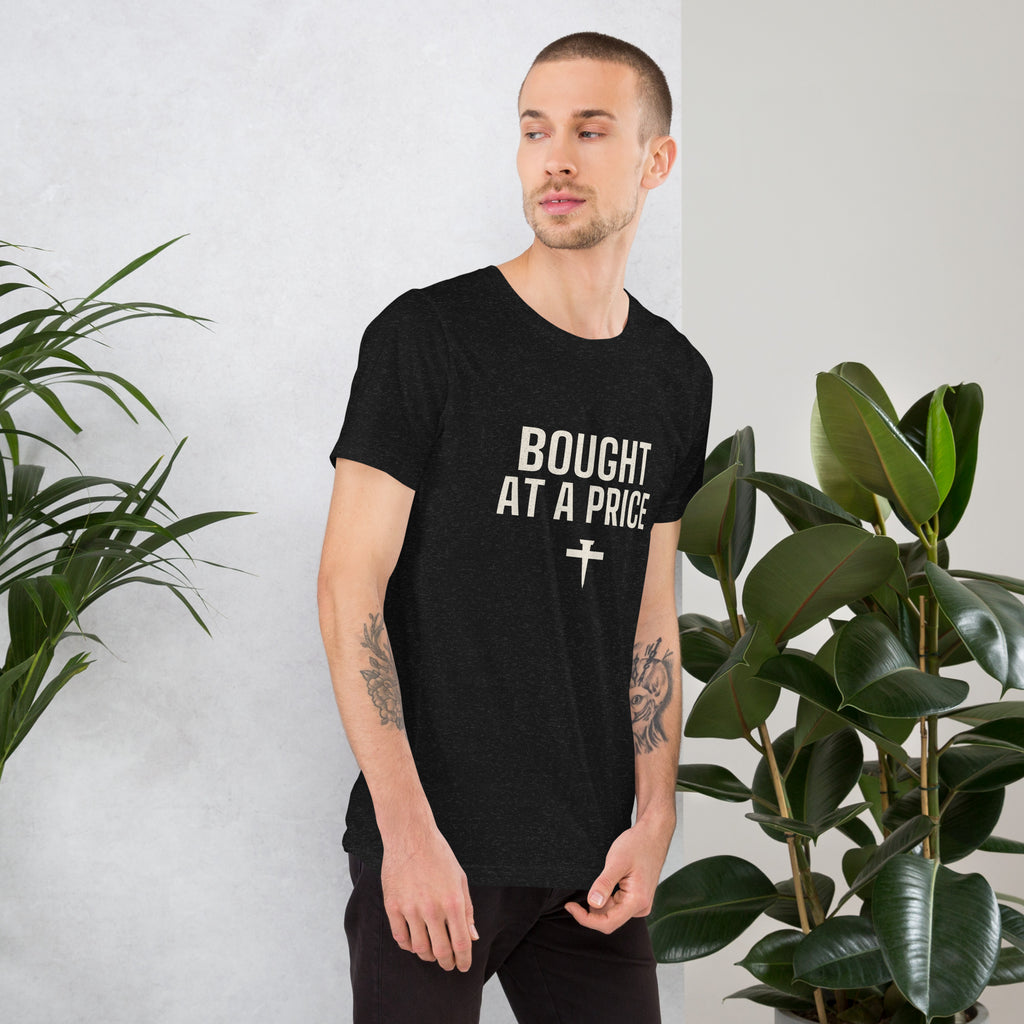 Man wearing the Bought At A Price black heather t-shirt, three-quarter view