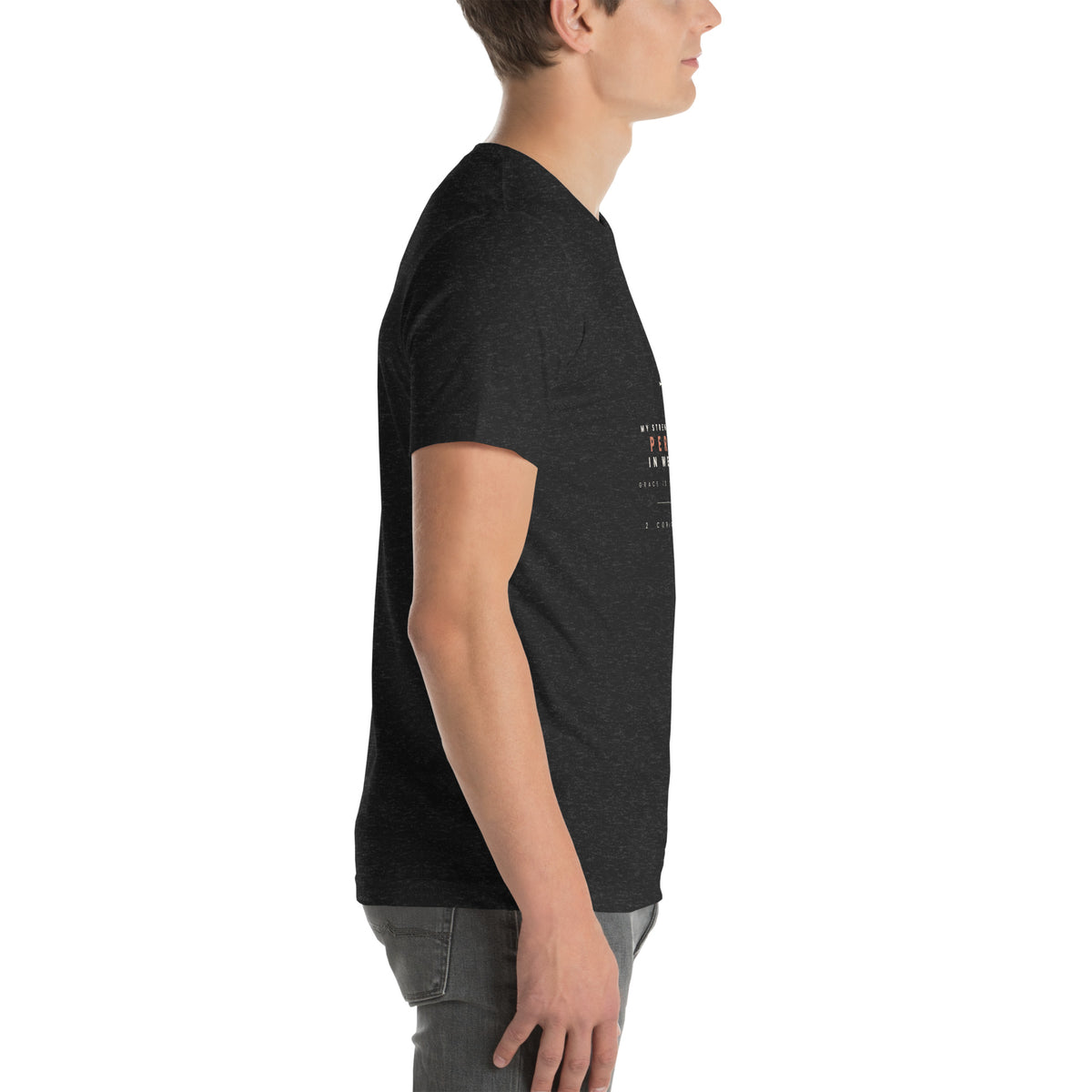 Made Perfect In Weakness 2 Corinthians 12:9 Christian t-shirt — black heather, right side view