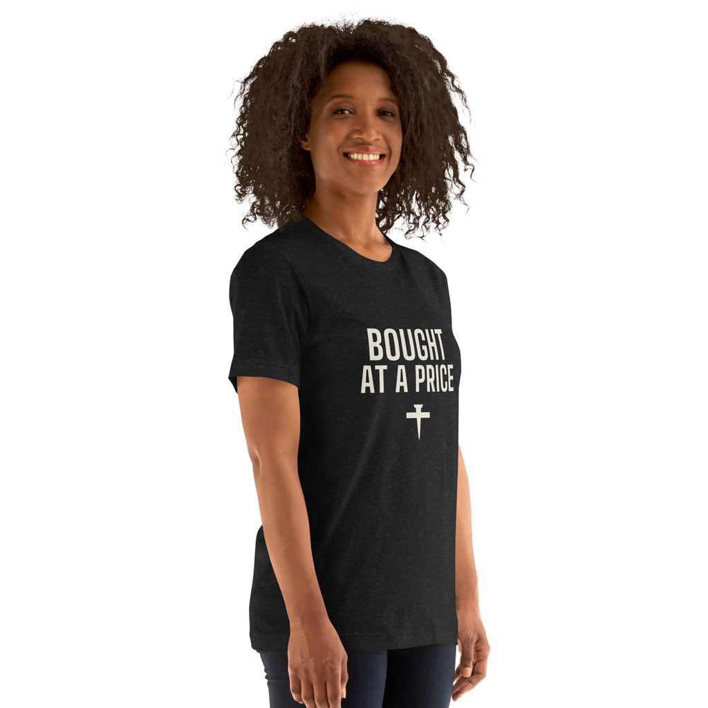 Woman wearing the Bought At A Price black heather t-shirt, three-quarter view