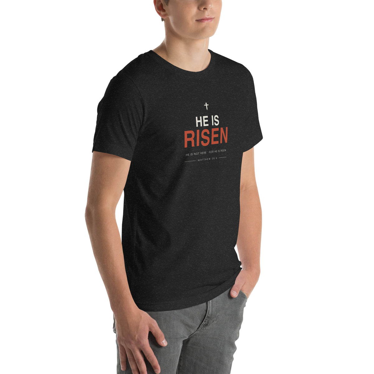 He Is Risen T-Shirt — black heather tee, right three-quarter view on model