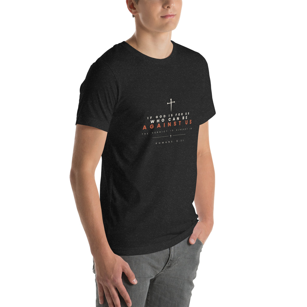 If God Is For Us Romans 8:31 Christian t-shirt — black heather, right three-quarter view