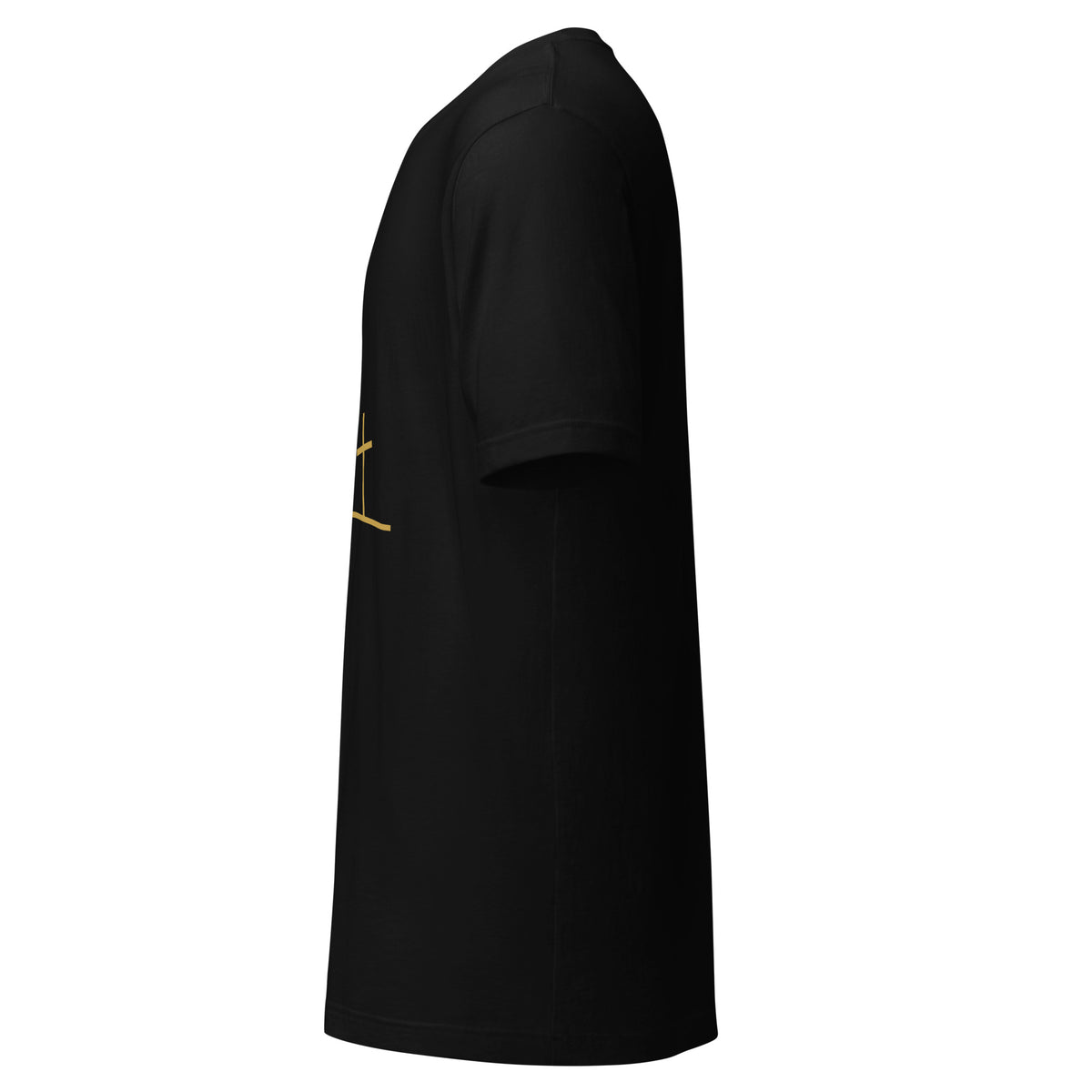 Calvary three crosses gold line art Christian t-shirt — black, left side view