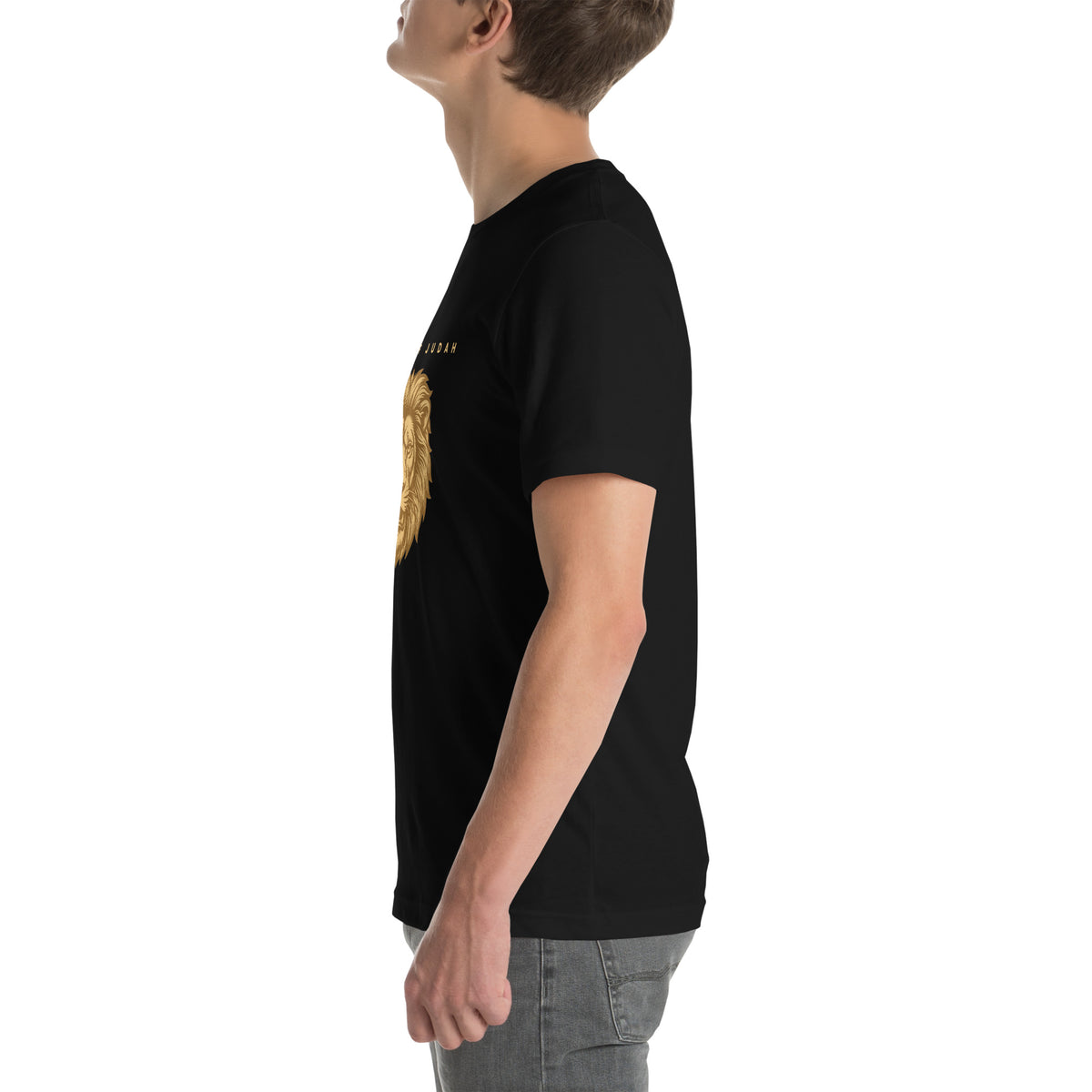 Lion of Judah Revelation 5:5 gold Christian t-shirt — black, left side view