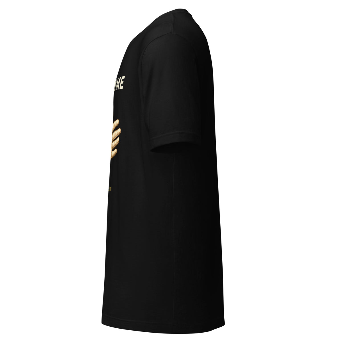 Follow Me nail-pierced hand gold t-shirt by PureBred Faith, black, left side