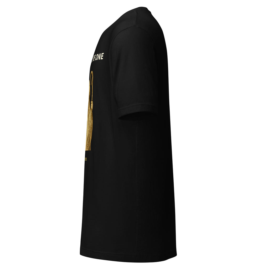 He Came For The One Good Shepherd gold t-shirt by PureBred Faith, black, left side