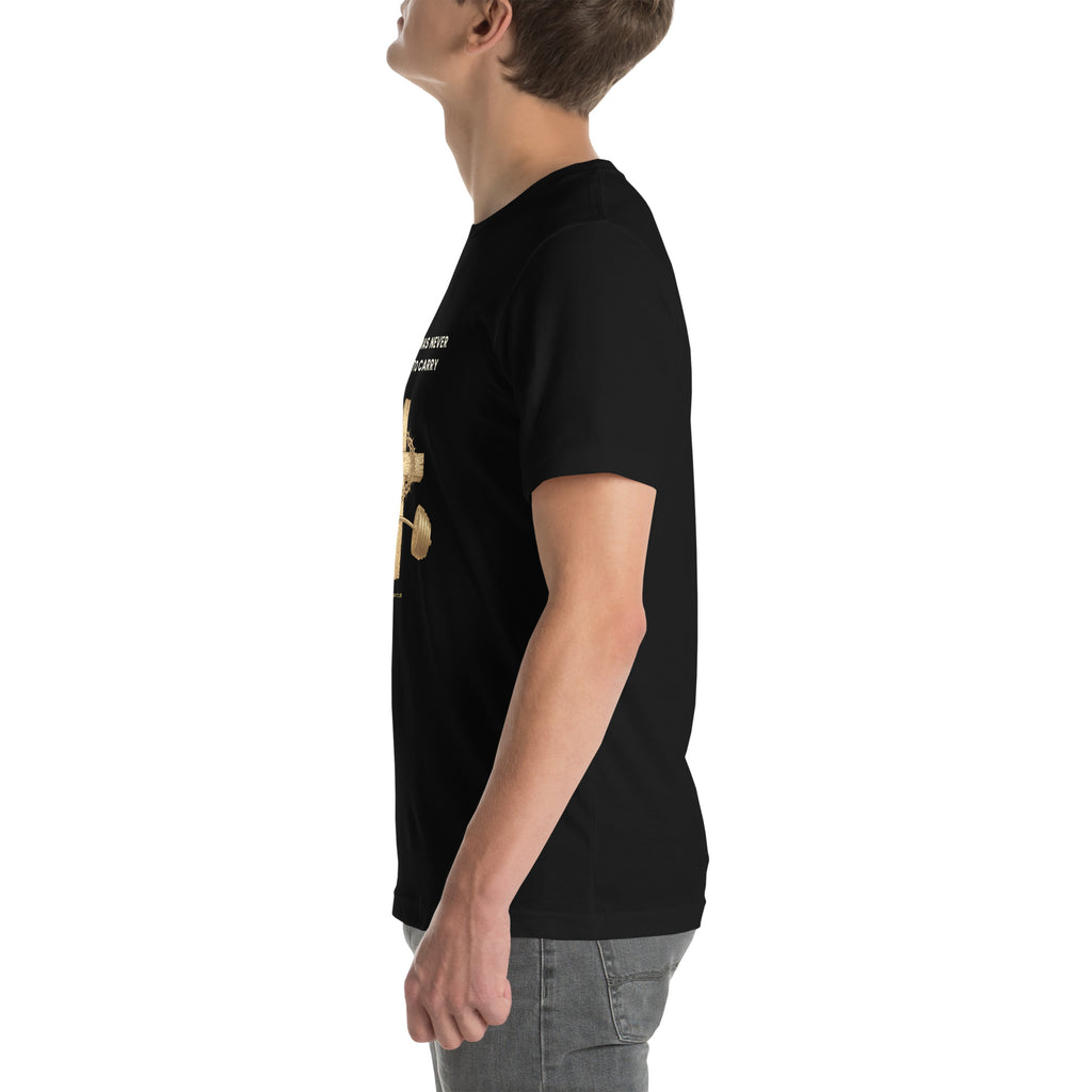 Black t-shirt, left side view, showing the sleeve and shoulder fit