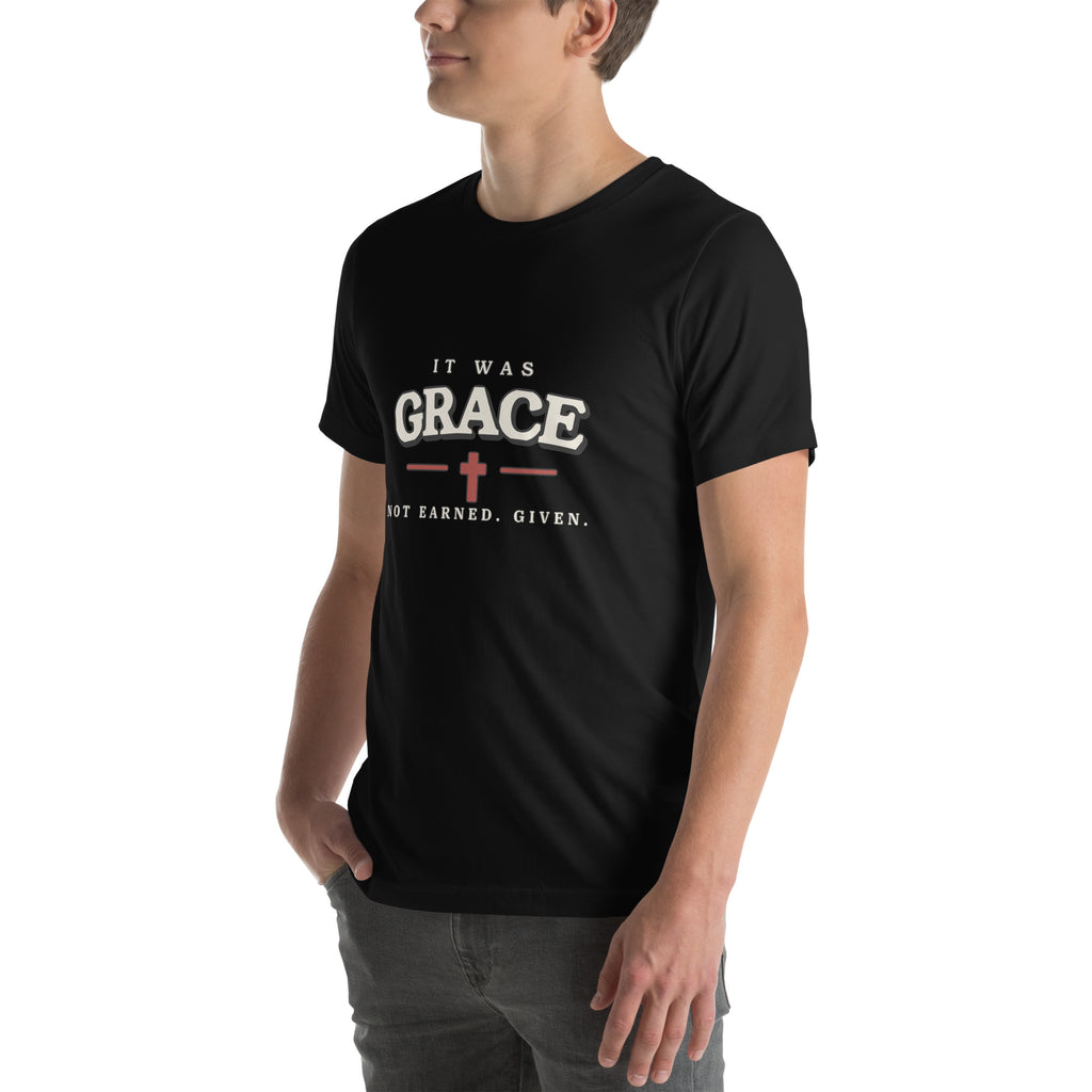 It Was Grace Christian t-shirt in black, three-quarter left view showing the chest print