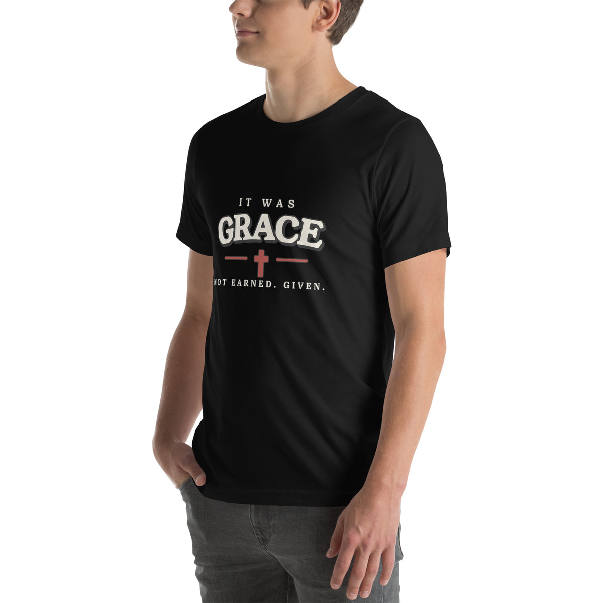 It Was Grace Christian t-shirt in black, three-quarter left view showing the chest print