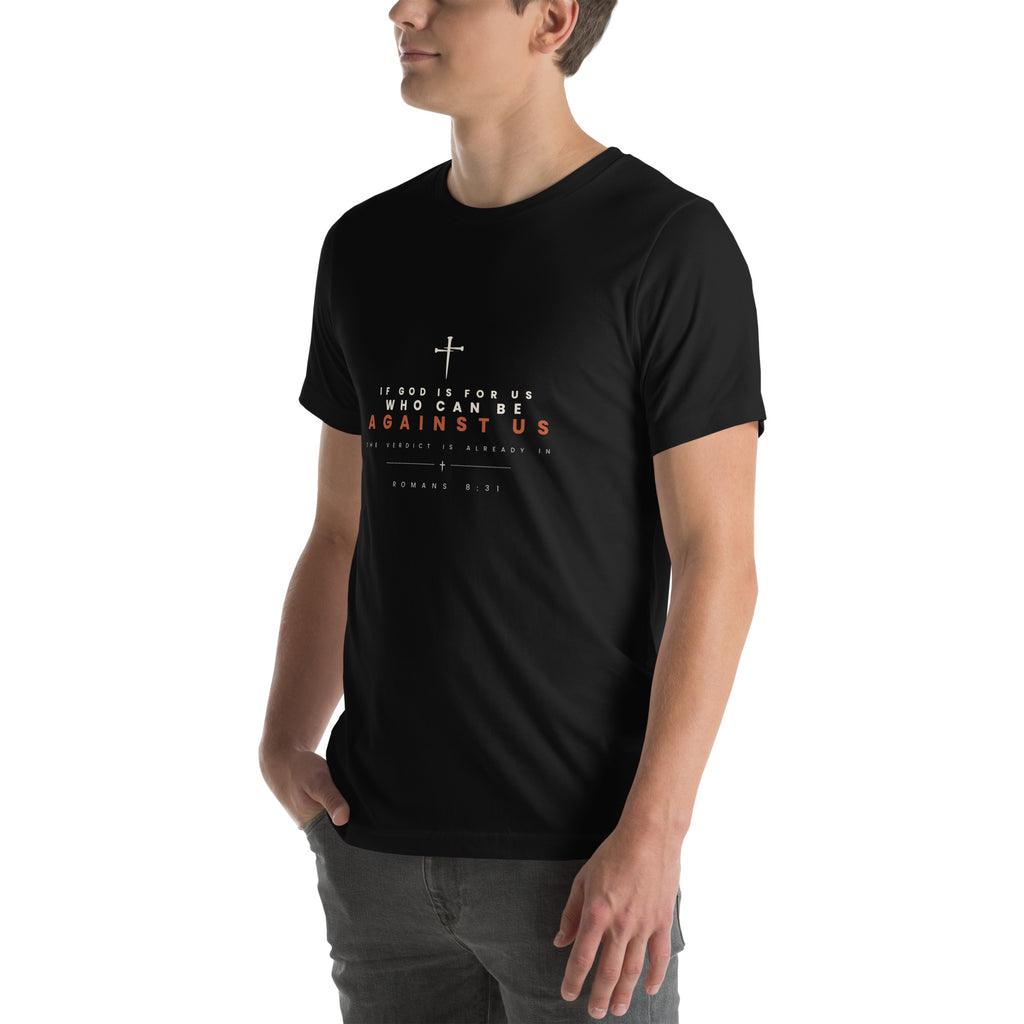 If God Is For Us Romans 8:31 Christian t-shirt — black, left three-quarter view