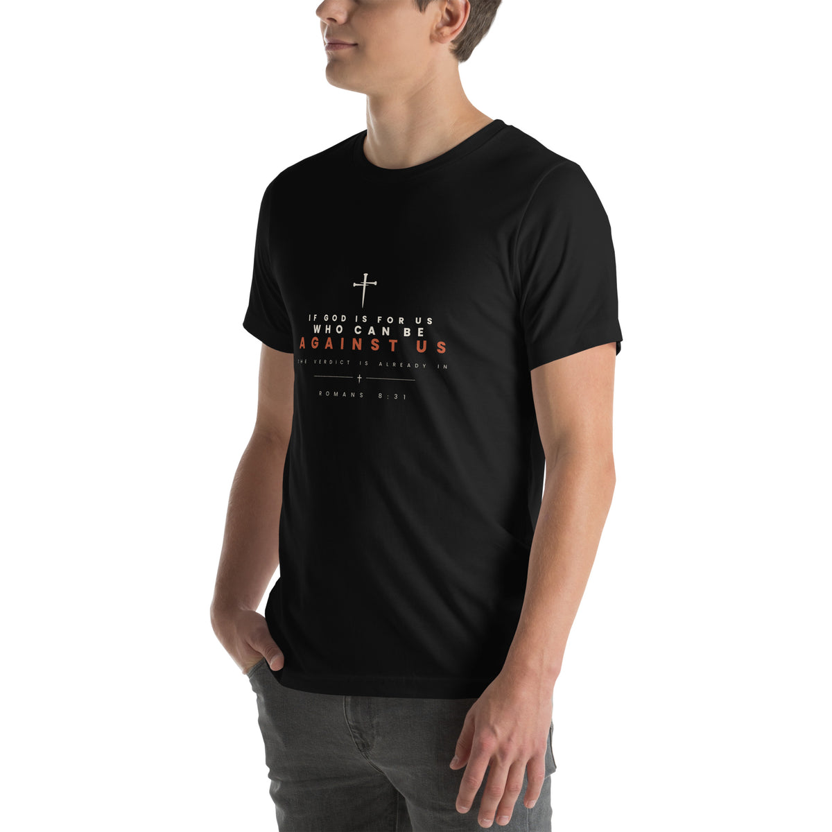 If God Is For Us Romans 8:31 Christian t-shirt — black, left three-quarter view