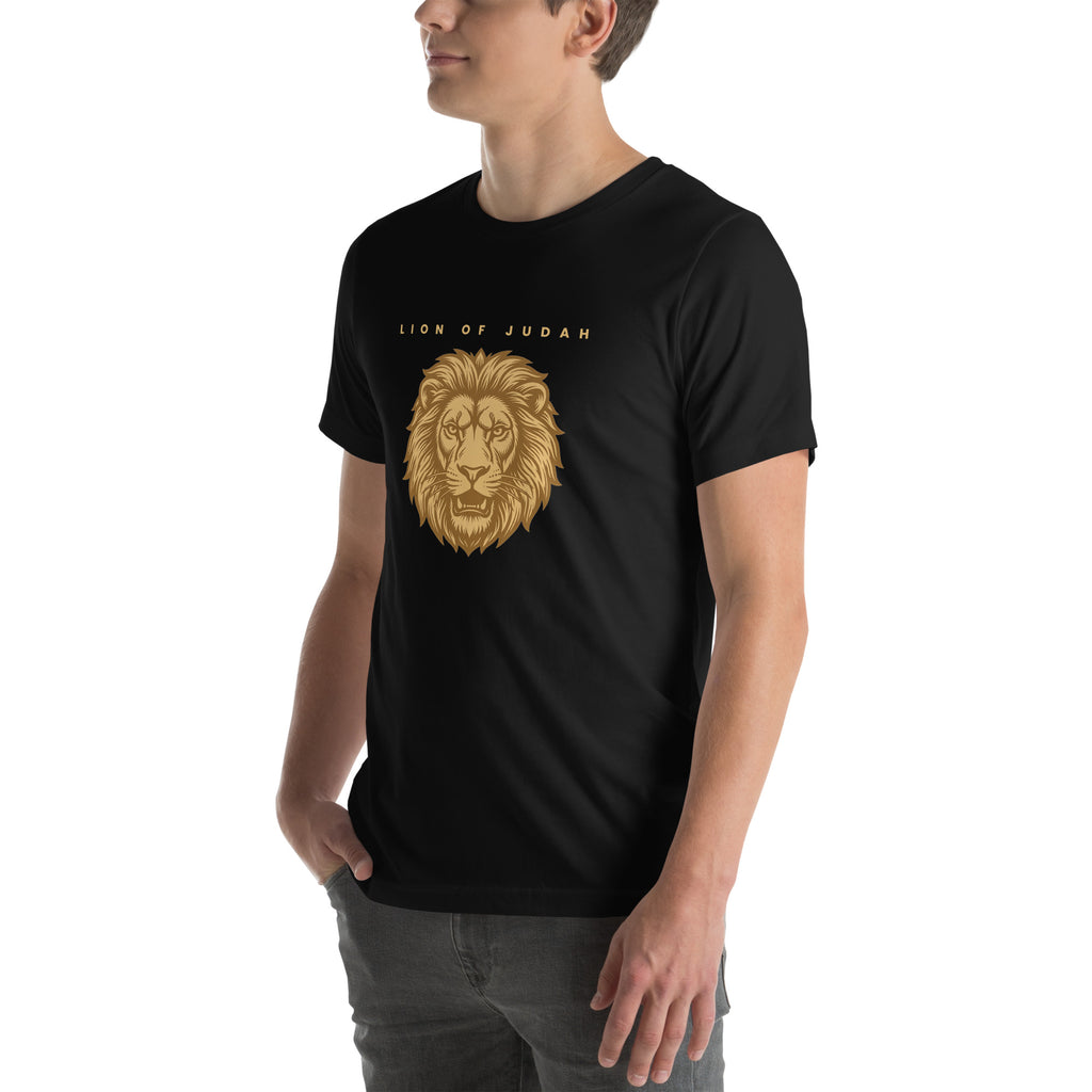 Lion of Judah Revelation 5:5 gold Christian t-shirt — black, left three-quarter view