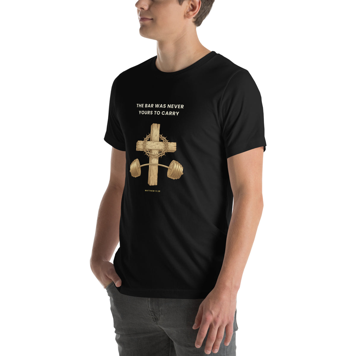 Black t-shirt worn by a model, left front angle, showing the gold cross and barbell chest print