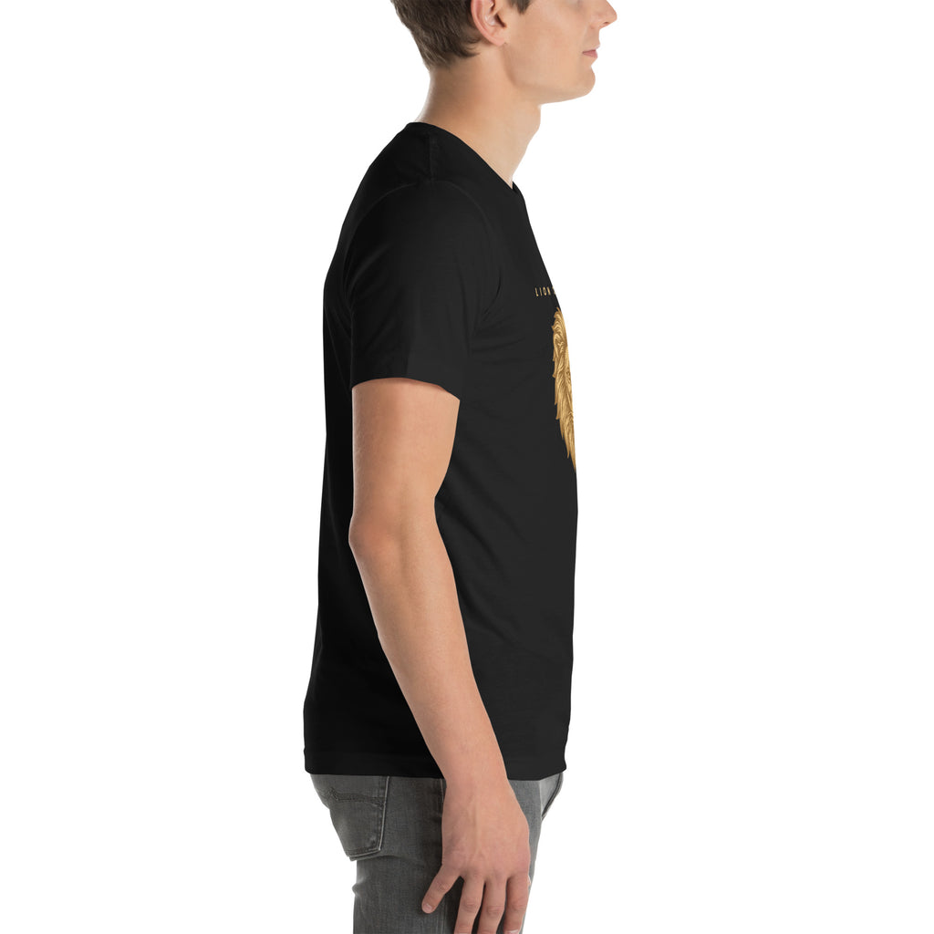 Lion of Judah Revelation 5:5 gold Christian t-shirt — black, right side view