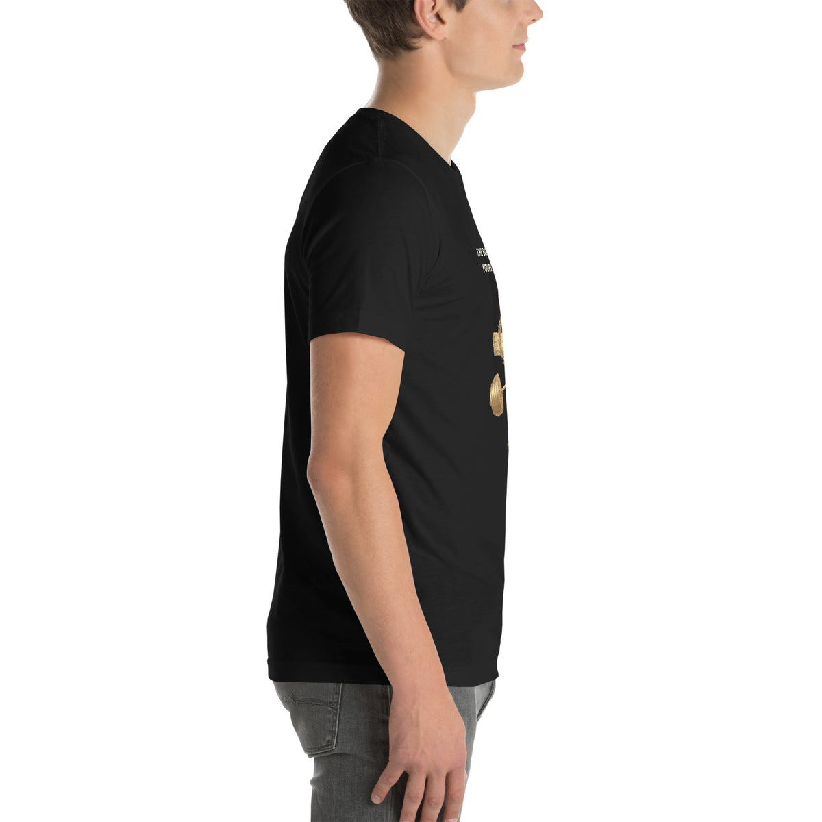 Black t-shirt, right side view, showing the sleeve and shoulder fit