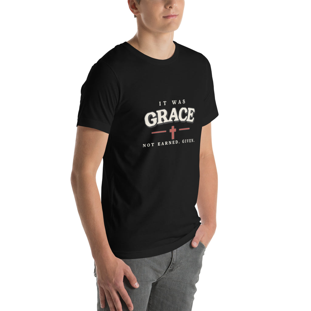 It Was Grace Christian t-shirt in black, three-quarter right view showing the chest print