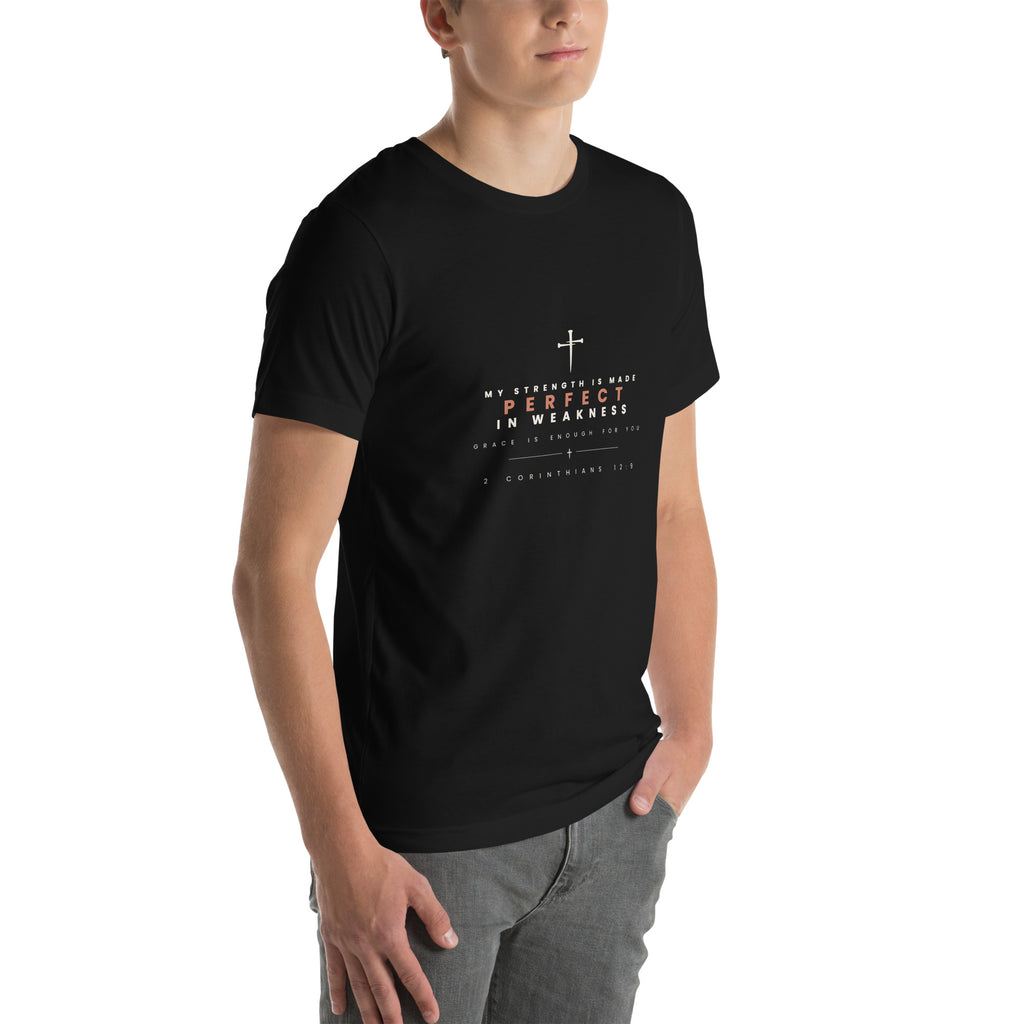 Made Perfect In Weakness 2 Corinthians 12:9 Christian t-shirt — black, right three-quarter view