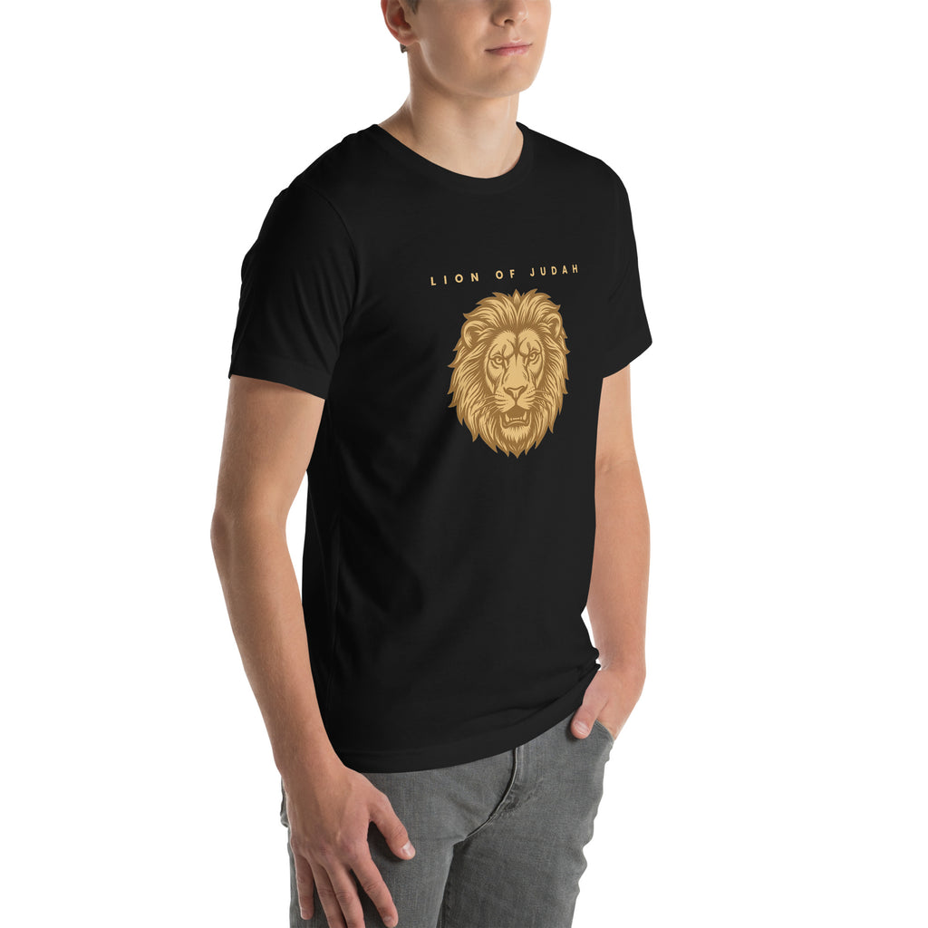 Lion of Judah Revelation 5:5 gold Christian t-shirt — black, right three-quarter view