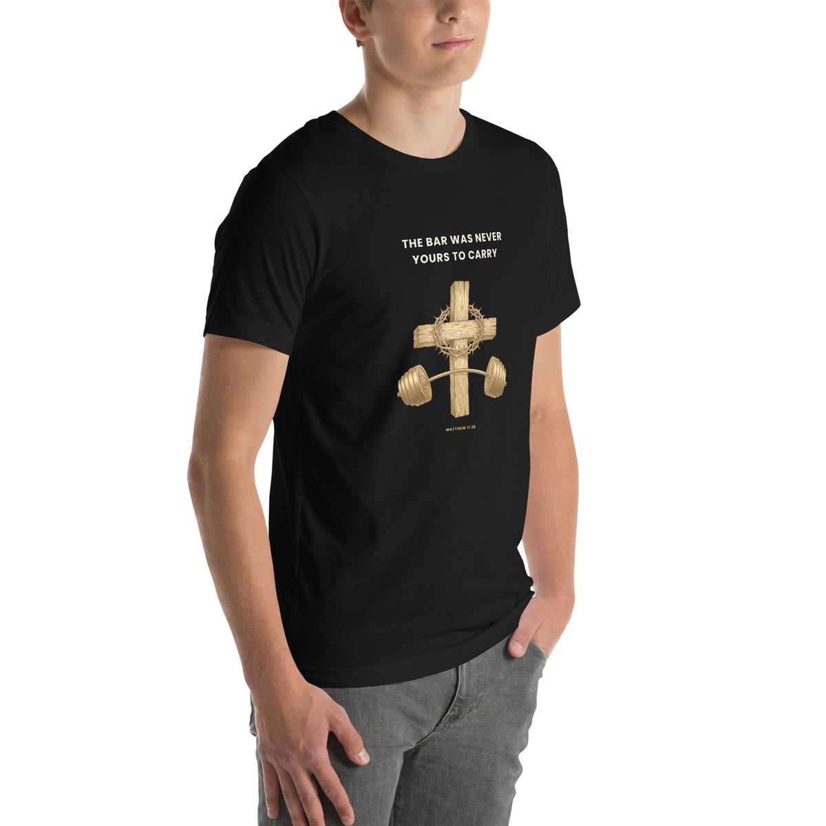 Black t-shirt worn by a model, right front angle, showing the gold cross and barbell chest print