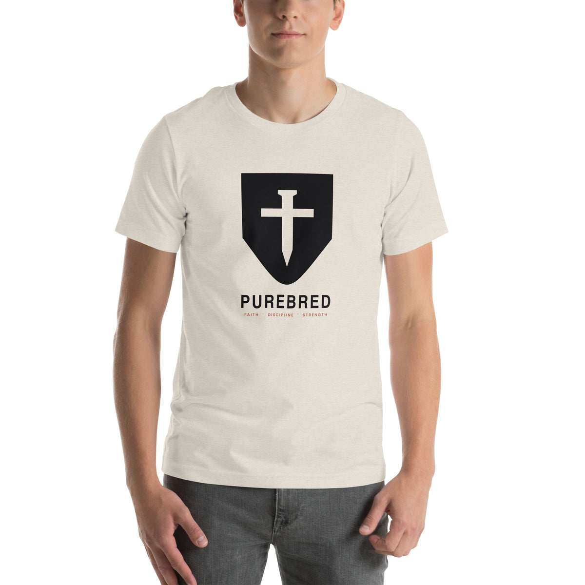 PureBred Shield Cross Christian t-shirt with nail-cross crest emblem - heather dust, front view