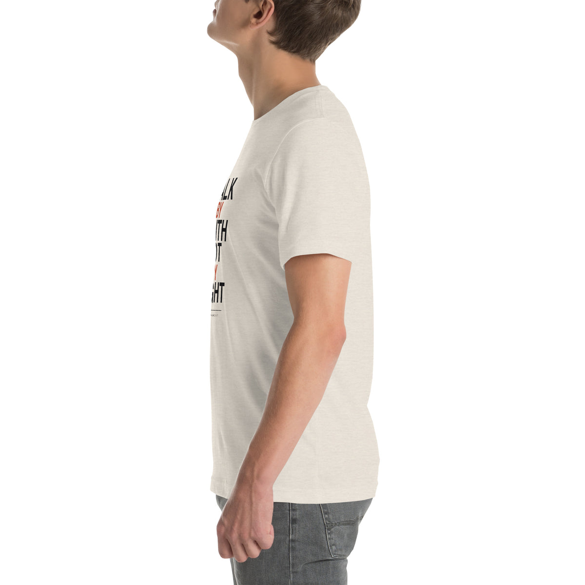 Walk By Faith Not By Sight Christian t-shirt, 2 Corinthians 5:7 streetwear print — heather dust, left side