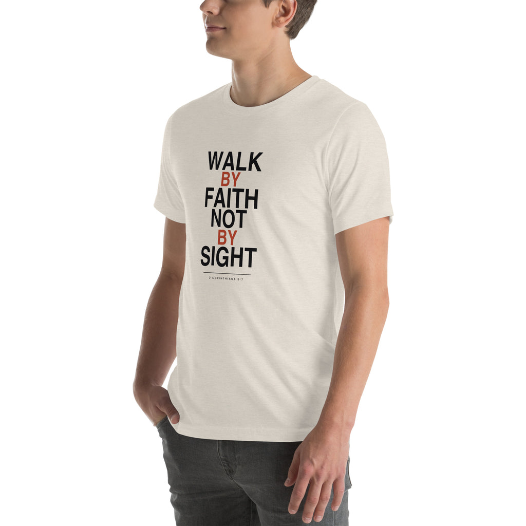 Walk By Faith Not By Sight Christian t-shirt, 2 Corinthians 5:7 streetwear print — heather dust, left three-quarter view