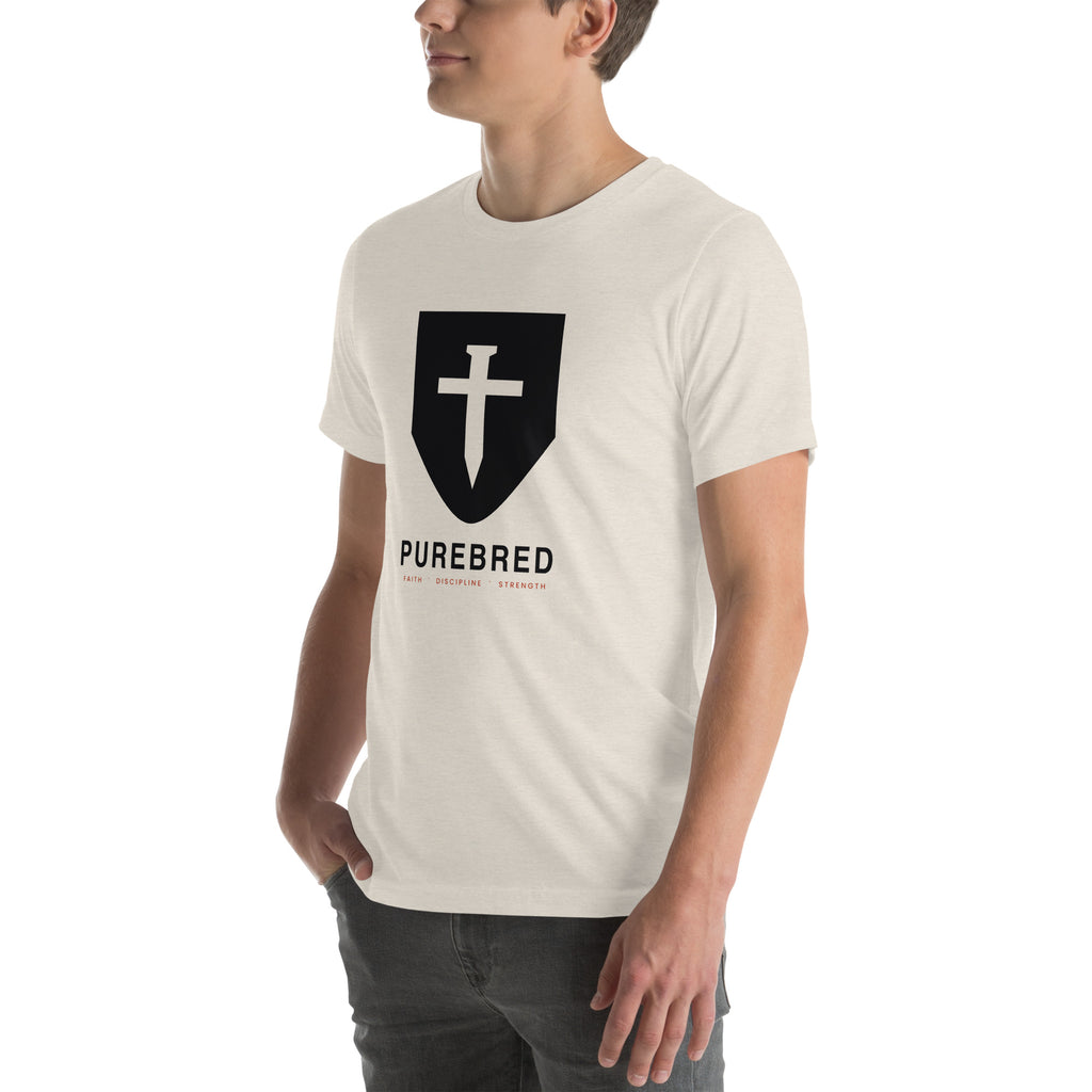 PureBred Shield Cross Christian t-shirt - heather dust, three-quarter left view