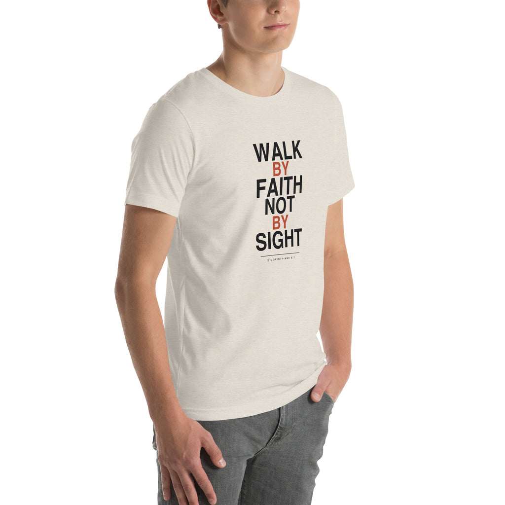 Walk By Faith Not By Sight Christian t-shirt, 2 Corinthians 5:7 streetwear print — heather dust, right three-quarter view