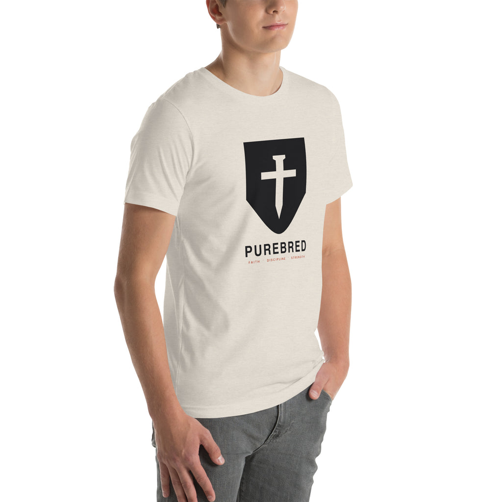 PureBred Shield Cross Christian t-shirt - heather dust, three-quarter right view