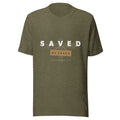 Heather olive unisex t-shirt with SAVED in cream block letters across the chest and a wooden titulus board reading BY JESUS hanging from the cross below