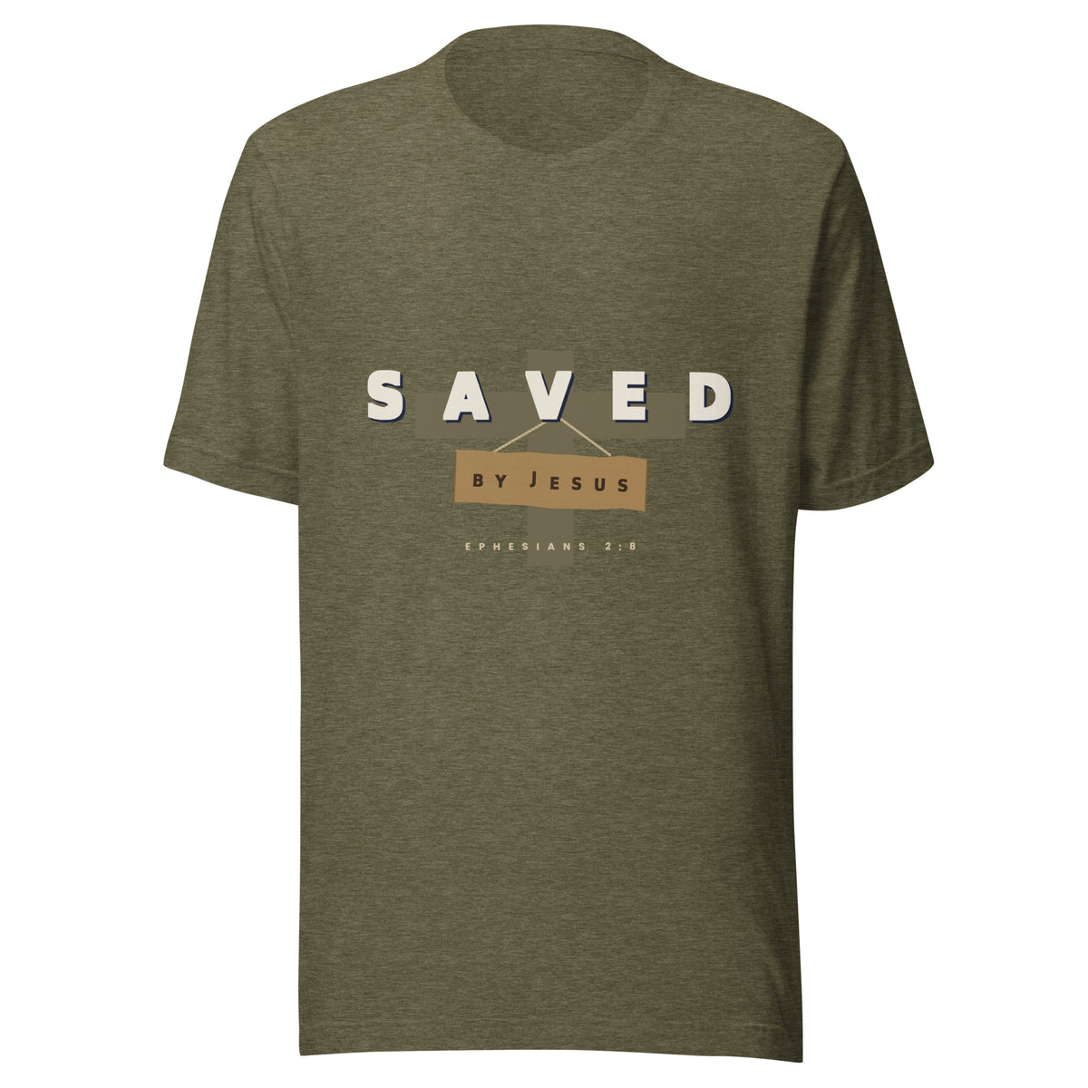 Heather olive unisex t-shirt with SAVED in cream block letters across the chest and a wooden titulus board reading BY JESUS hanging from the cross below