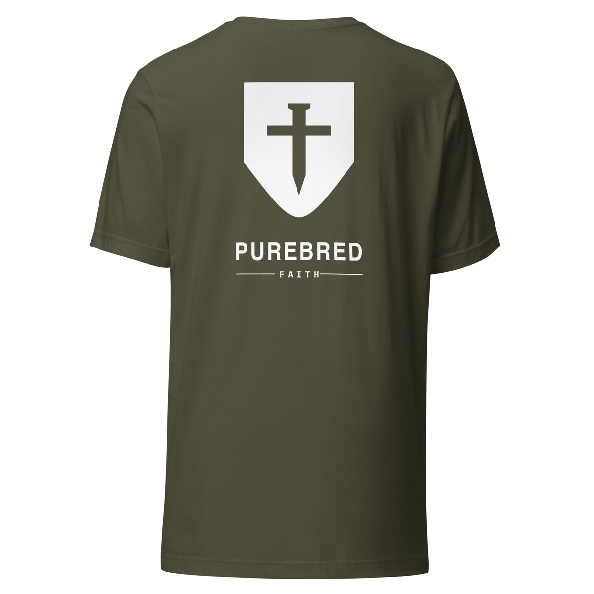 Back of military green tee with the PureBred Faith nail-cross shield
