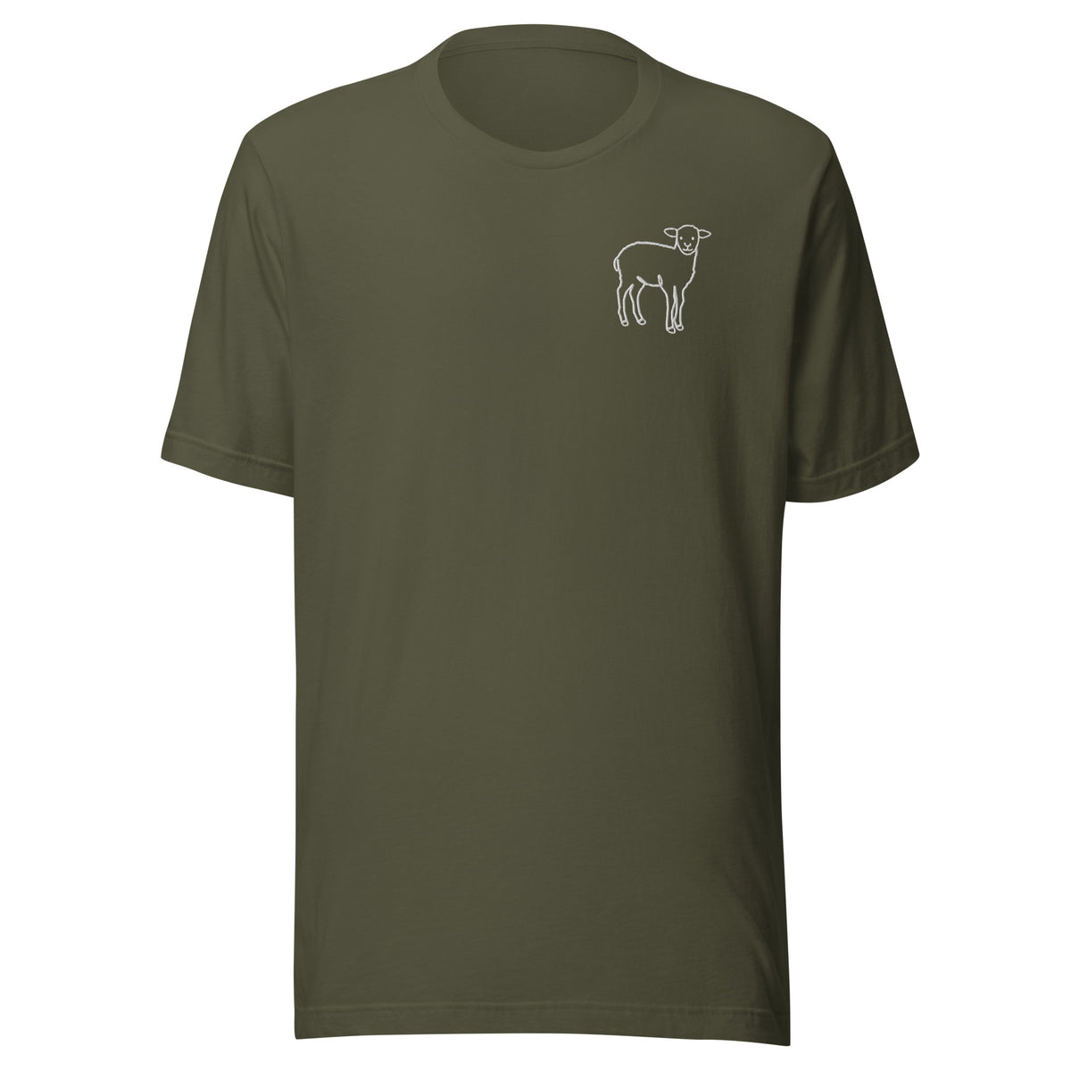 Military green Christian t-shirt with embroidered lamb on the left chest