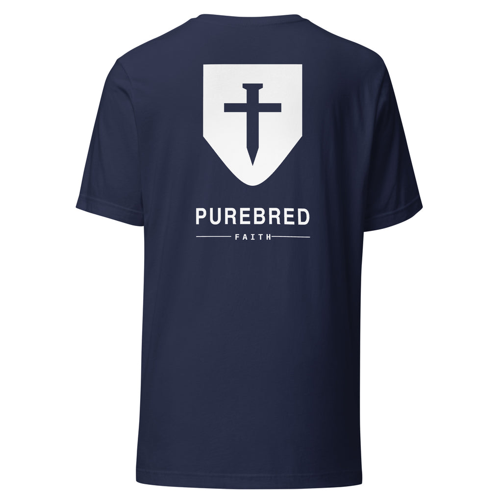 John 3:16 Cross & Nails T-Shirt — navy tee, back view with the PureBred Faith mark