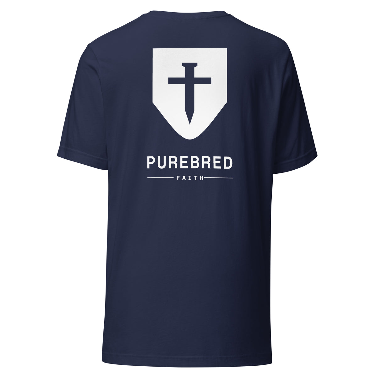 John 3:16 Cross & Nails T-Shirt — navy tee, back view with the PureBred Faith mark