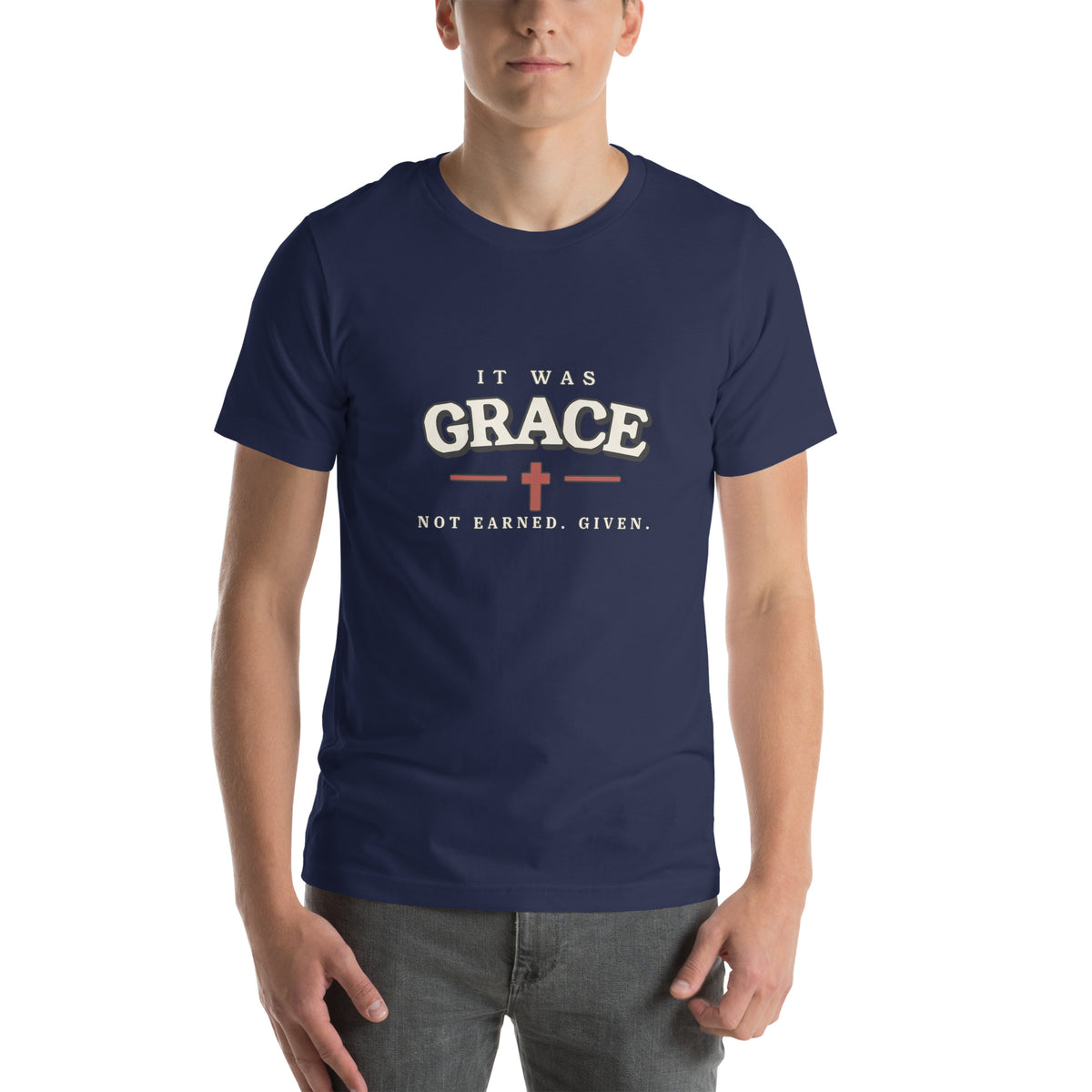 It Was Grace Christian t-shirt in blue - front view of the varsity GRACE print with a red cross and the line Not Earned. Given.