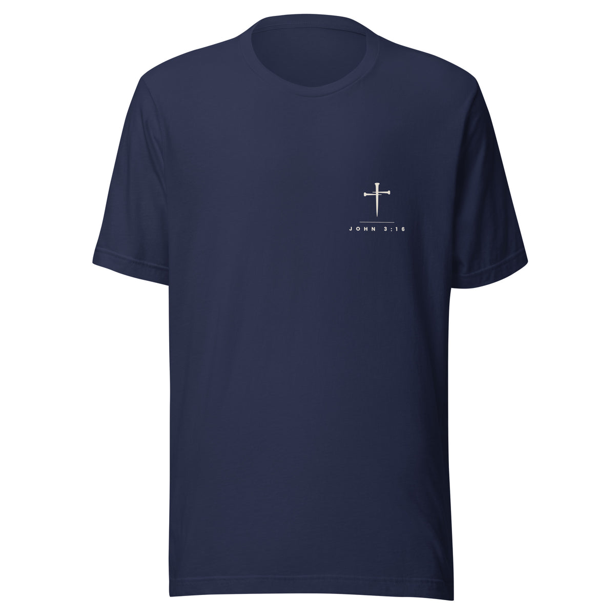 John 3:16 Cross & Nails T-Shirt — navy tee, front view with the left chest print