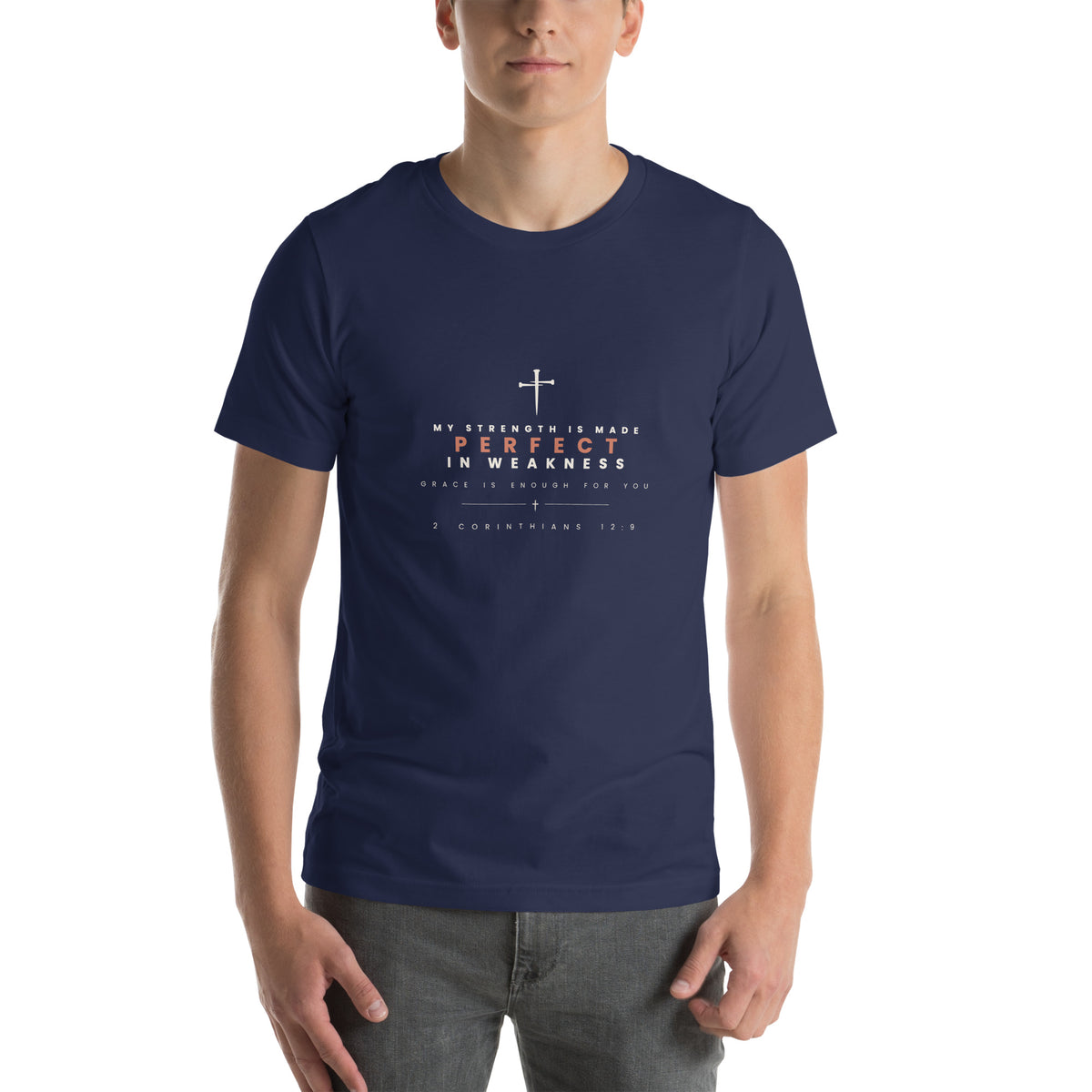 Made Perfect In Weakness 2 Corinthians 12:9 Christian t-shirt — navy, front view of the cream and rust chest print