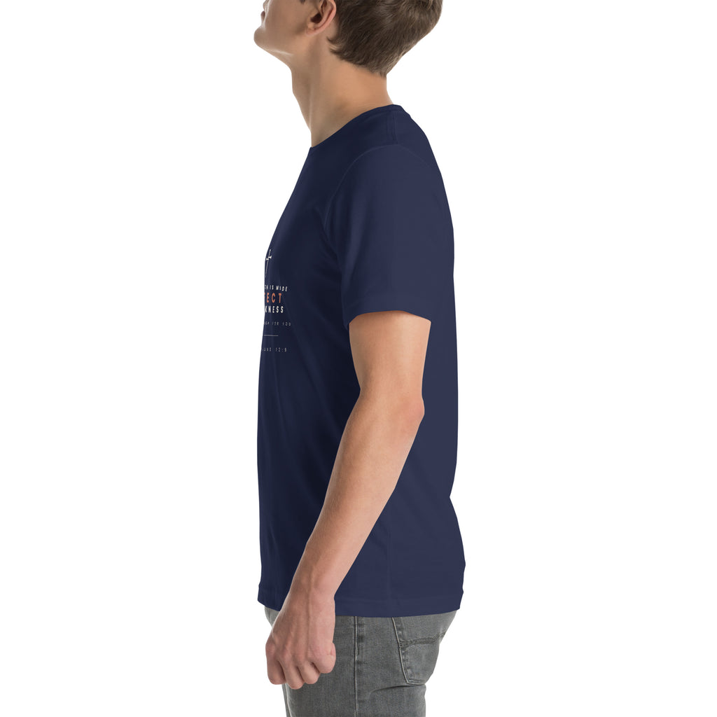 Made Perfect In Weakness 2 Corinthians 12:9 Christian t-shirt — navy, left side view